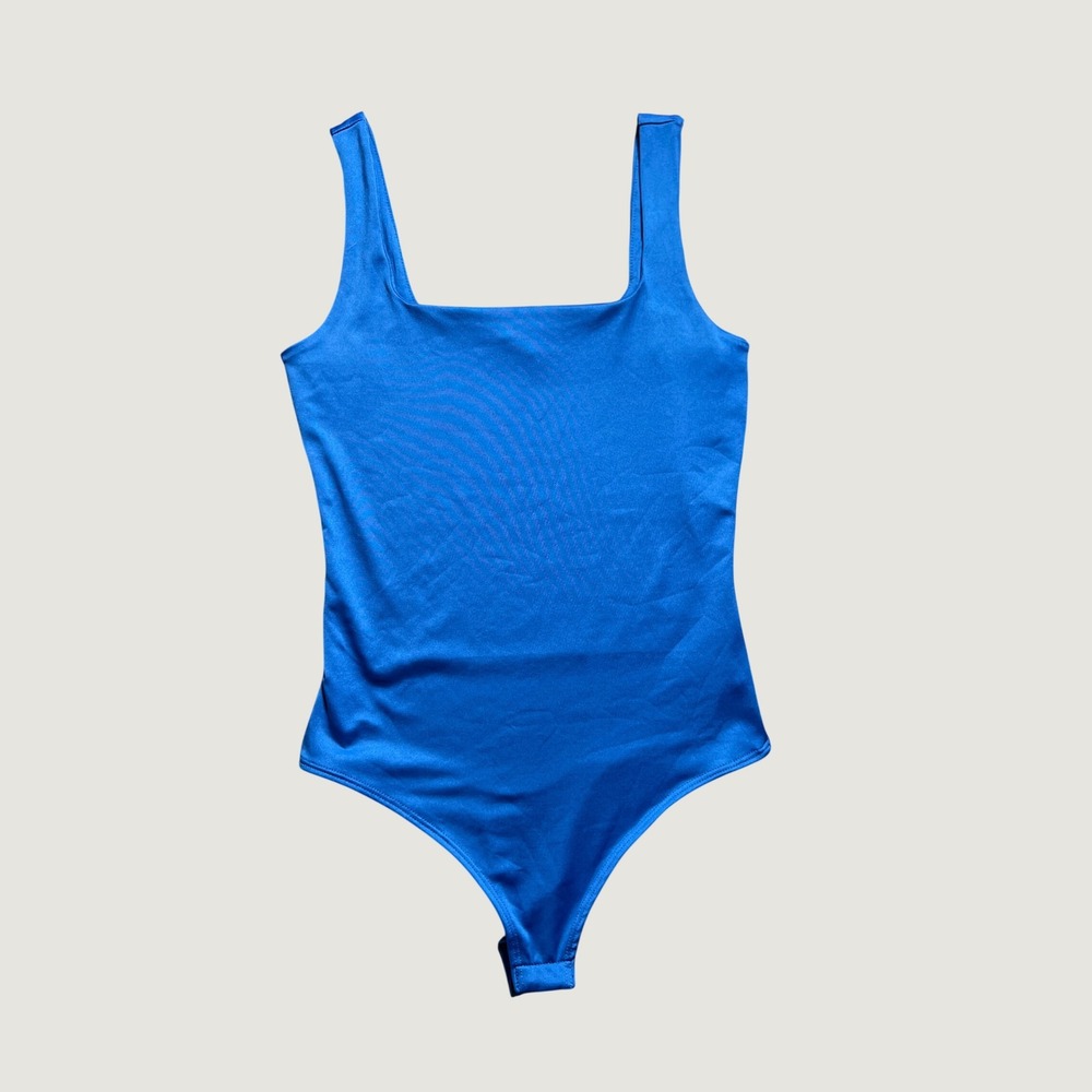 Live In The Moment Royal Blue Square Neck Thong Bodysuit Medium Solid Tank Top